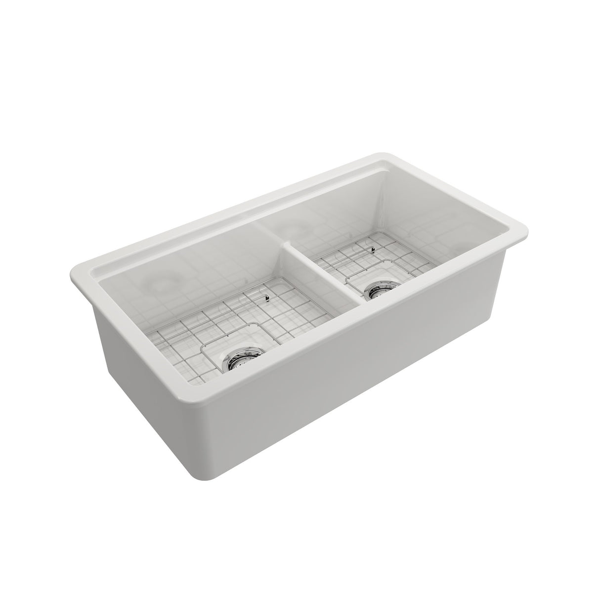 BOCCHI - Sotto Step-Rim Tri-Mount Fireclay 34D in. 60/40 Double Bowl Kitchen Sink Integrated Workstation and Accessories with Protective Bottom Grids and Strainers in White - White